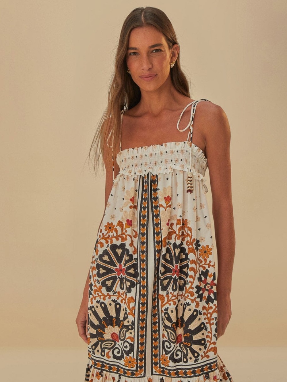 Farm Rio Flower Fan Tapestry Off-White Midi Dress - Picture 2 of 12